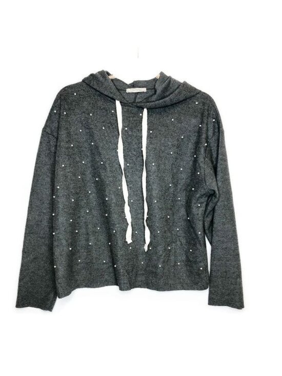 Zara Tops - Zara Trafaluc Charcoal Grey Pearl Detail Hoodie Sweatshirt